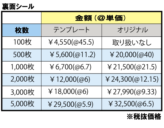 裏面シール価格表